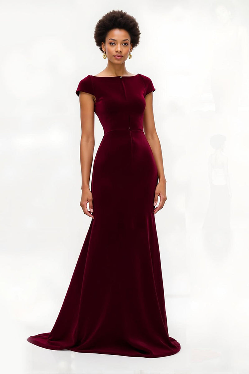 Load image into Gallery viewer, Burgundy Mermaid Boat Neck Cap Sleeves Long Holiday Party Dress