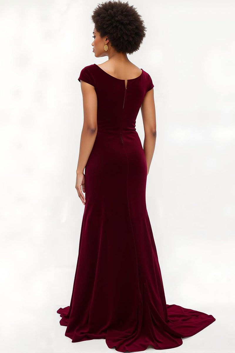 Load image into Gallery viewer, Burgundy Mermaid Boat Neck Cap Sleeves Long Holiday Party Dress