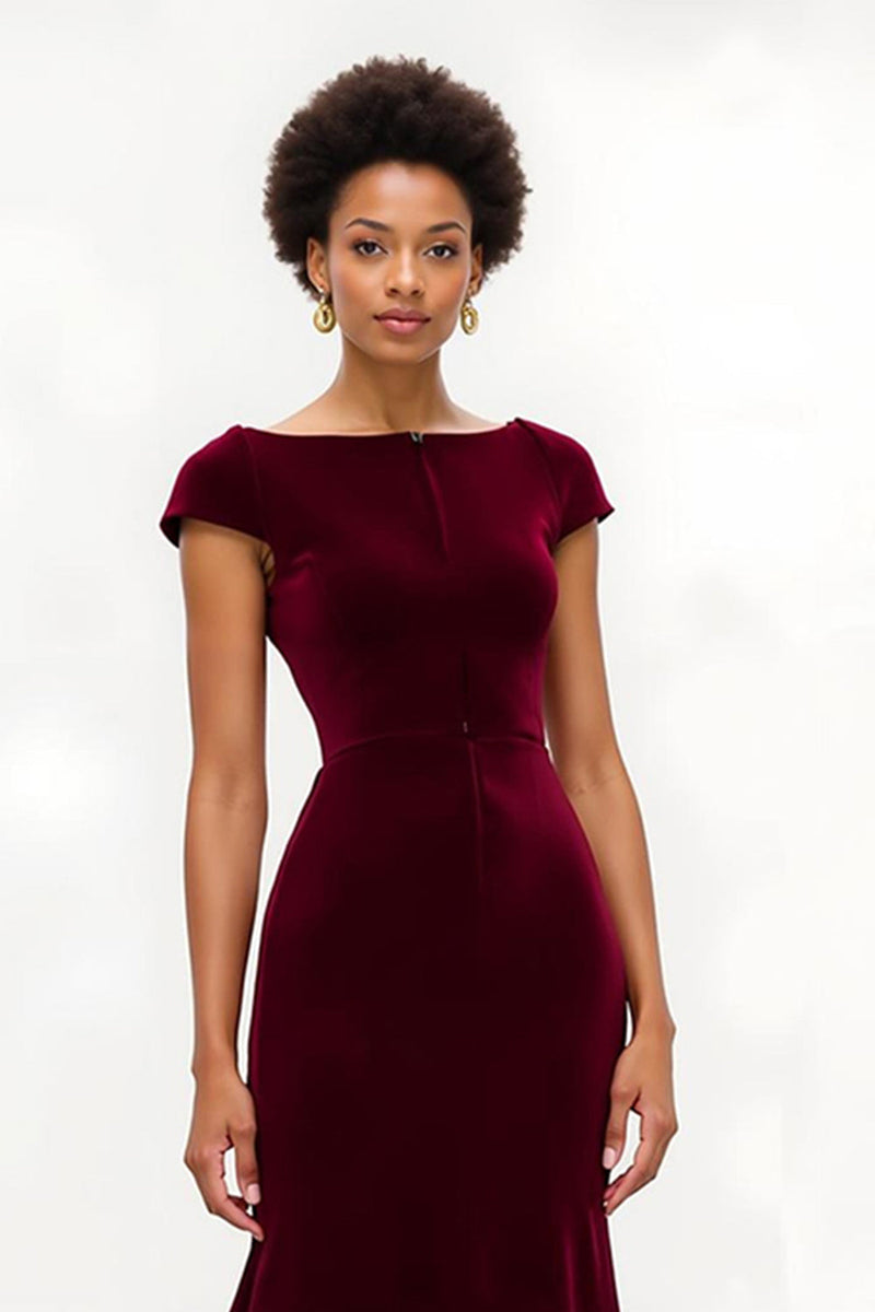 Load image into Gallery viewer, Burgundy Mermaid Boat Neck Cap Sleeves Long Holiday Party Dress