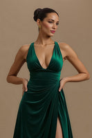 Load image into Gallery viewer, Dark Green A Line Ruched V-Neck Long Holiday Party Dress with Slit