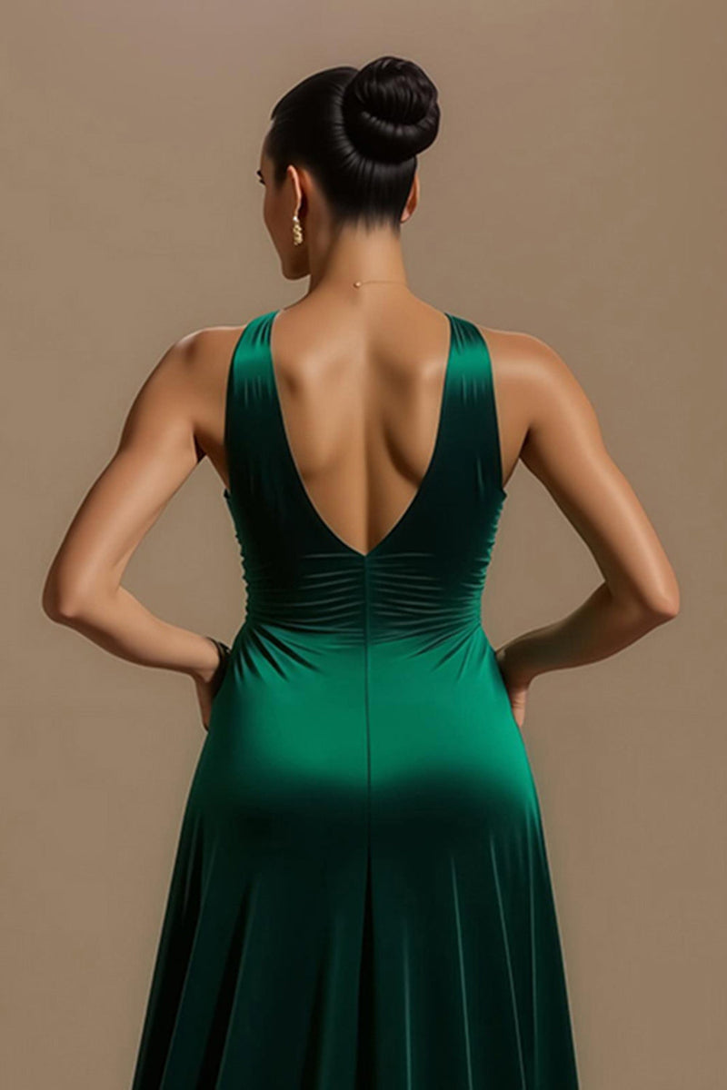 Load image into Gallery viewer, Dark Green A Line Ruched V-Neck Long Holiday Party Dress with Slit