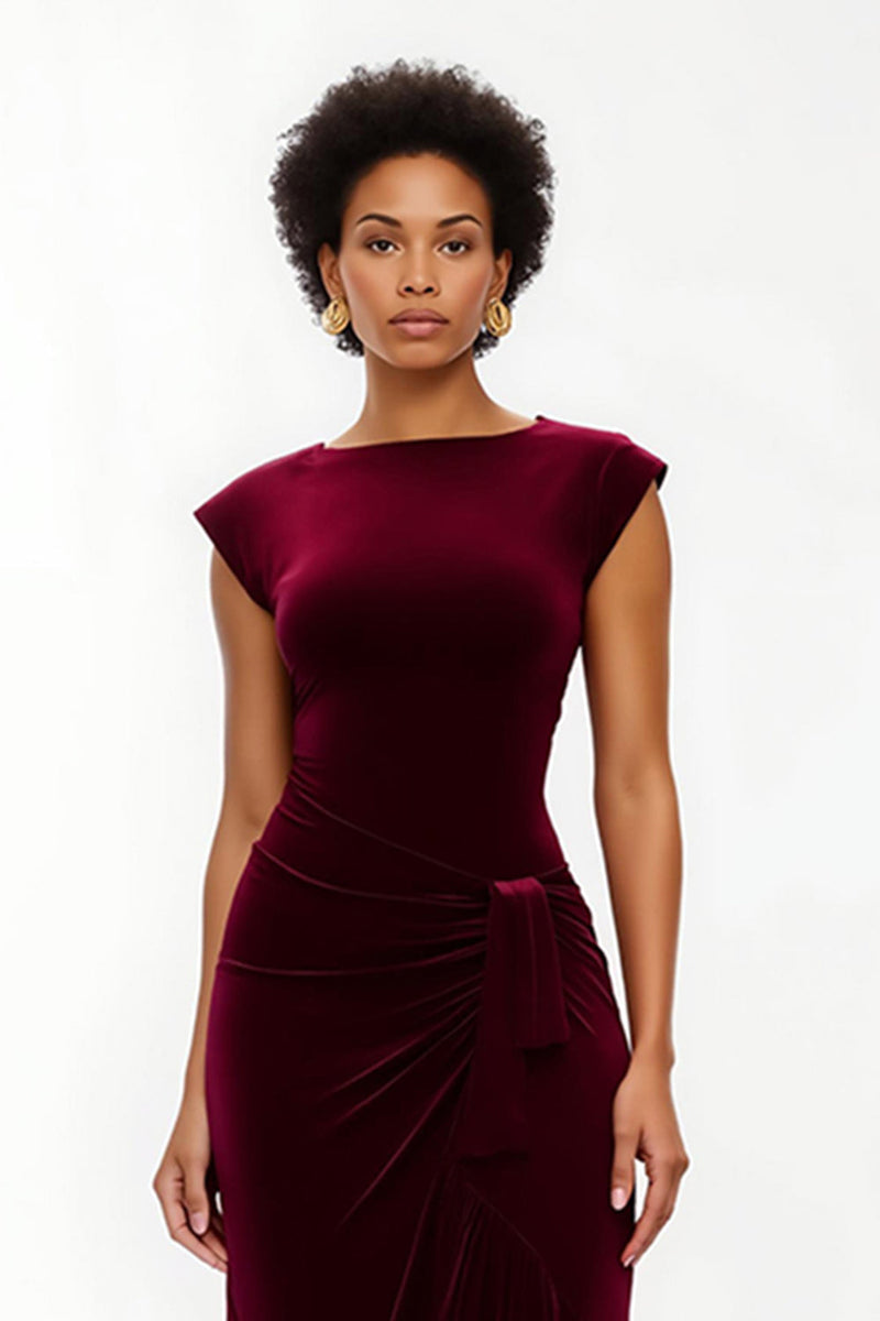 Load image into Gallery viewer, Simple Burgundy Sheath Ruched Asymmetrical Holiday Party Dress