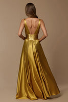 Load image into Gallery viewer, Golden Metallic A Line Deep V-Neck Long Holiday Party Dress