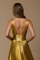 Load image into Gallery viewer, Golden Metallic A Line Deep V-Neck Long Holiday Party Dress