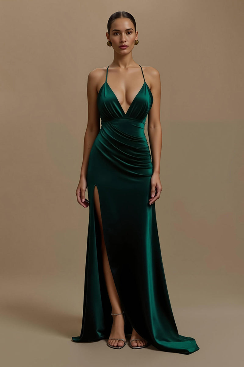 Load image into Gallery viewer, Dark Green Sheath Long Ruched Holiday Party Dress with Slit