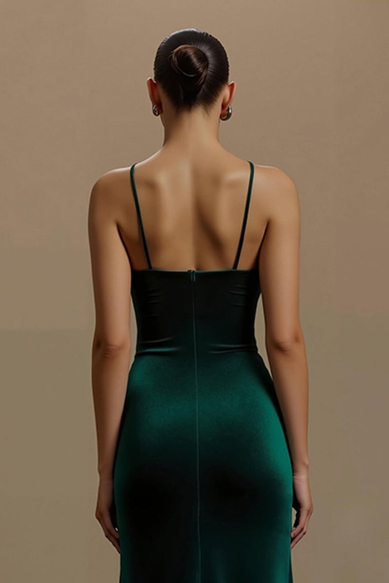 Load image into Gallery viewer, Dark Green Sheath Long Ruched Holiday Party Dress with Slit
