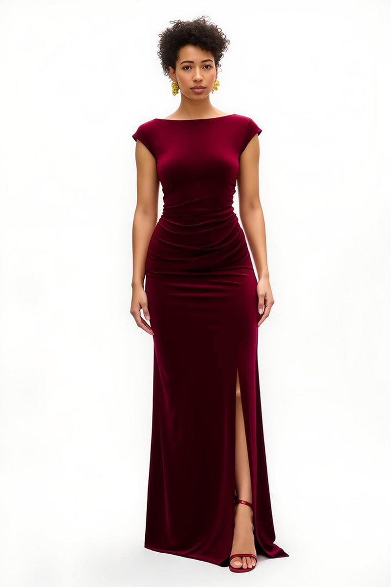 Load image into Gallery viewer, Burgundy Sheath Ruched Boat Neck Long Holiday Party Dress with Slit