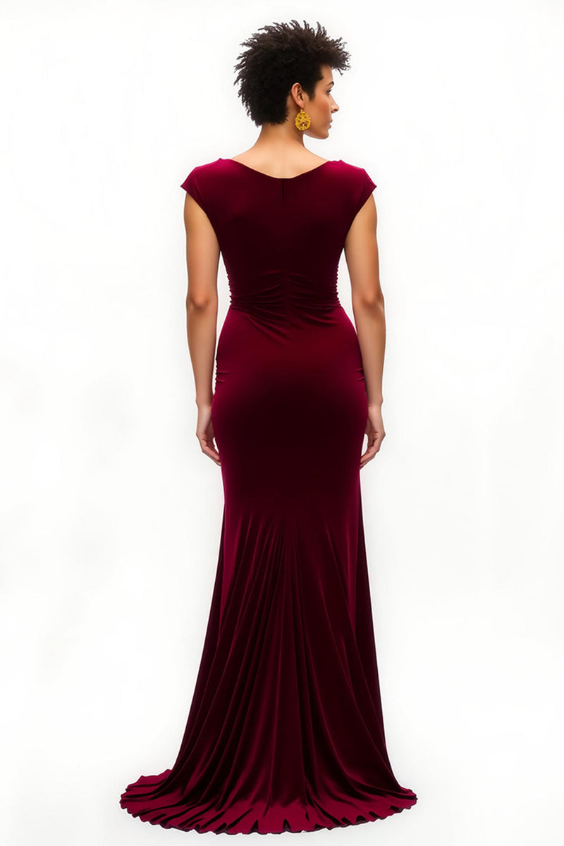 Load image into Gallery viewer, Burgundy Sheath Ruched Boat Neck Long Holiday Party Dress with Slit