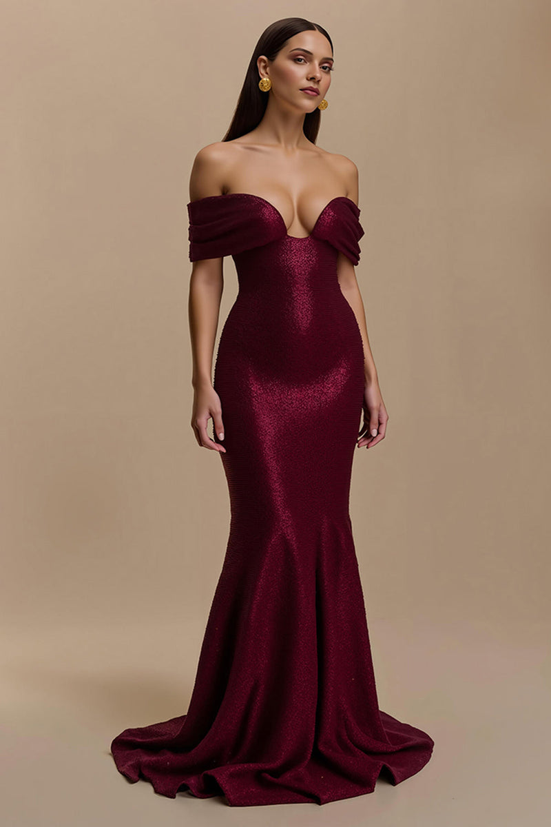 Load image into Gallery viewer, Sparkly Burgundy Mermaid Off the Shoulder Long Holiday Party Dress