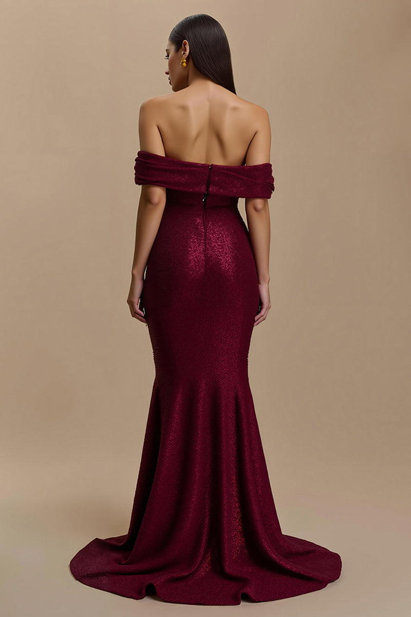Load image into Gallery viewer, Sparkly Burgundy Mermaid Off the Shoulder Long Holiday Party Dress