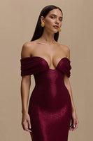 Load image into Gallery viewer, Sparkly Burgundy Mermaid Off the Shoulder Long Holiday Party Dress