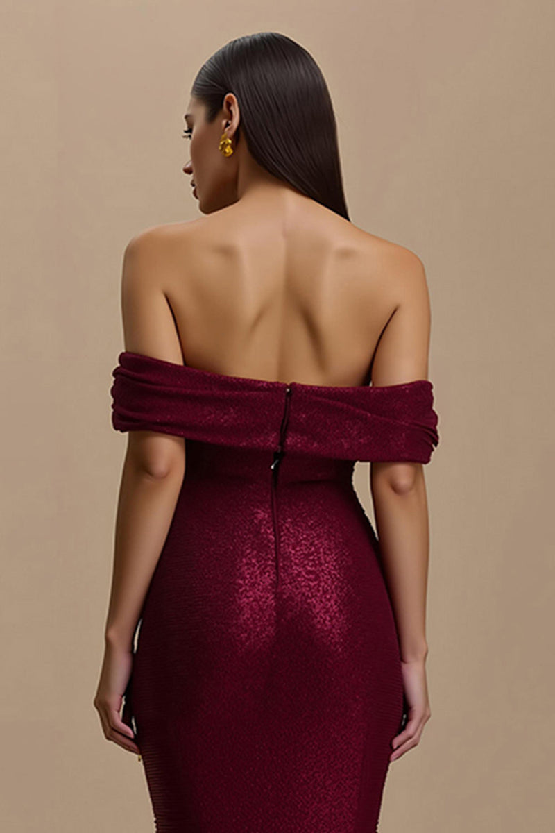 Load image into Gallery viewer, Sparkly Burgundy Mermaid Off the Shoulder Long Holiday Party Dress