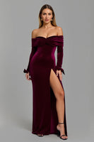 Load image into Gallery viewer, Burgundy Sheath Off the Shoulder Holiday Party Dress with Slit