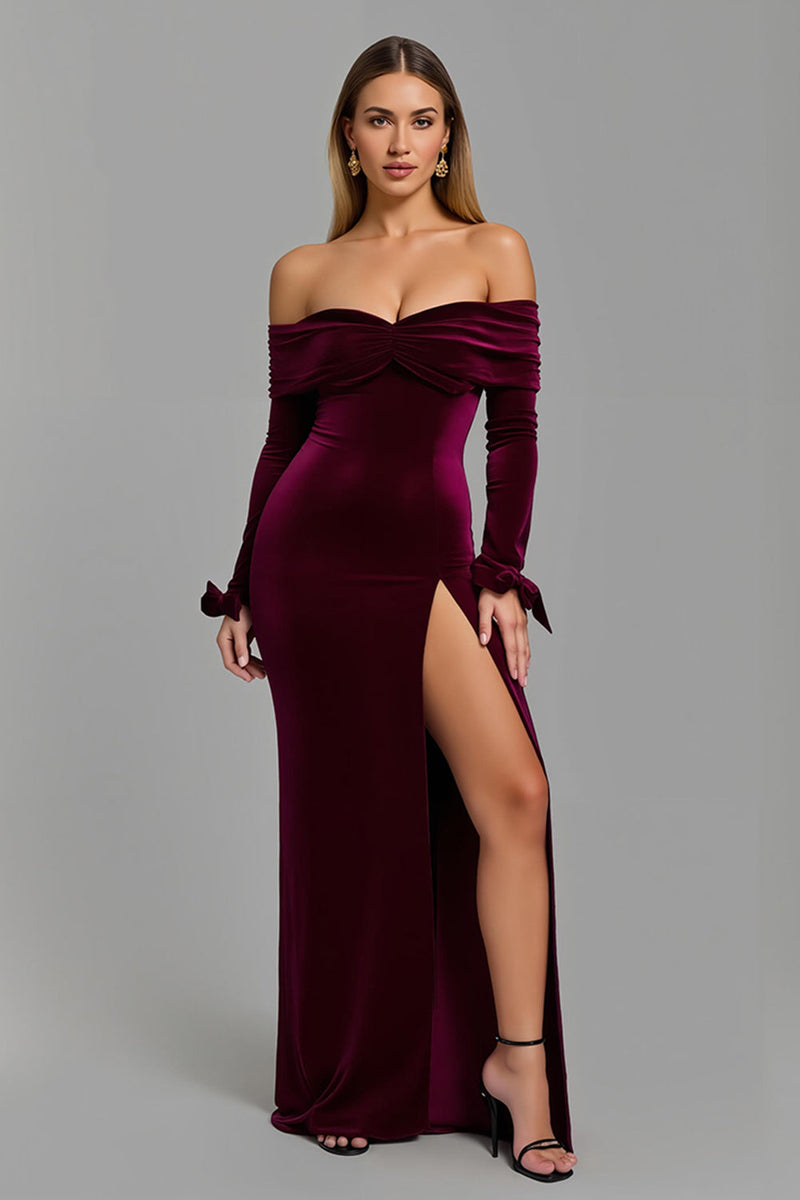 Load image into Gallery viewer, Burgundy Sheath Off the Shoulder Holiday Party Dress with Slit