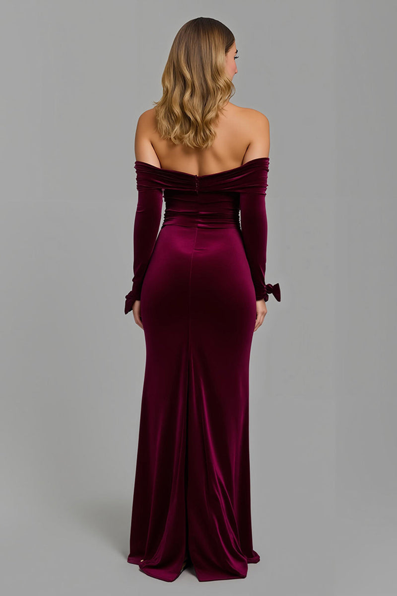 Load image into Gallery viewer, Burgundy Sheath Off the Shoulder Holiday Party Dress with Slit