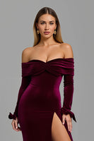 Load image into Gallery viewer, Burgundy Sheath Off the Shoulder Holiday Party Dress with Slit