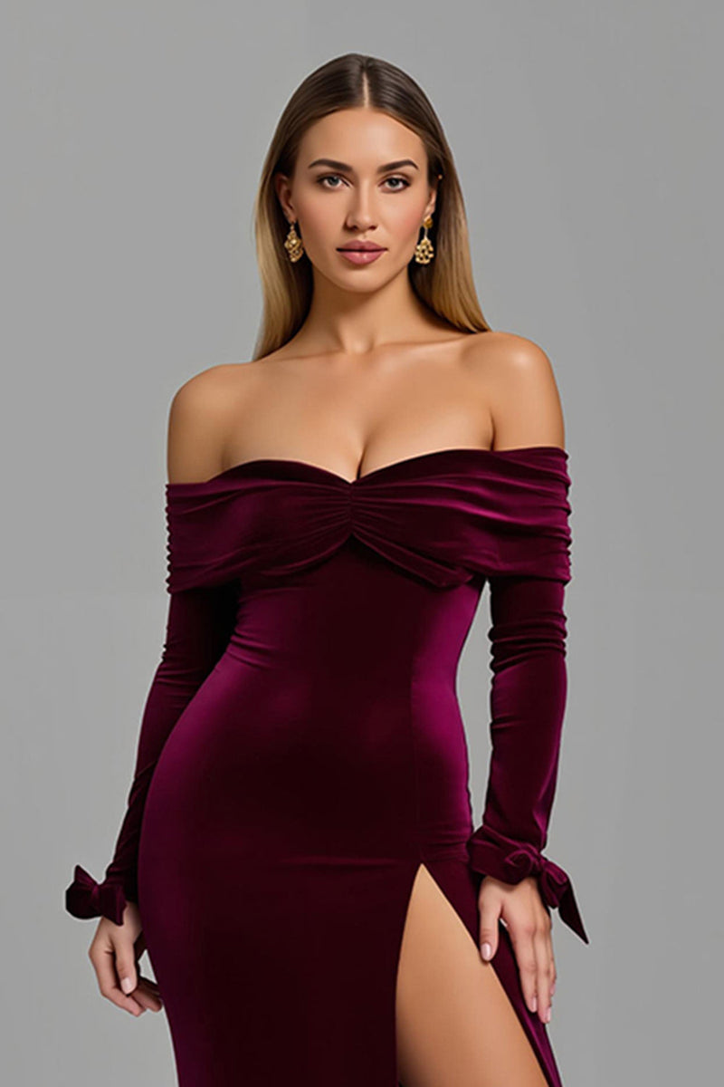 Load image into Gallery viewer, Burgundy Sheath Off the Shoulder Holiday Party Dress with Slit