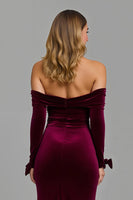Load image into Gallery viewer, Burgundy Sheath Off the Shoulder Holiday Party Dress with Slit