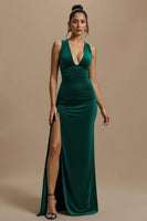 Load image into Gallery viewer, Simple Dark Green Sheath V-Neck Long Holiday Party Dress with Slit