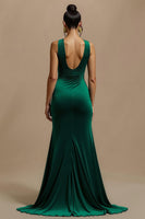 Load image into Gallery viewer, Simple Dark Green Sheath V-Neck Long Holiday Party Dress with Slit