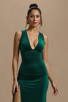Load image into Gallery viewer, Simple Dark Green Sheath V-Neck Long Holiday Party Dress with Slit
