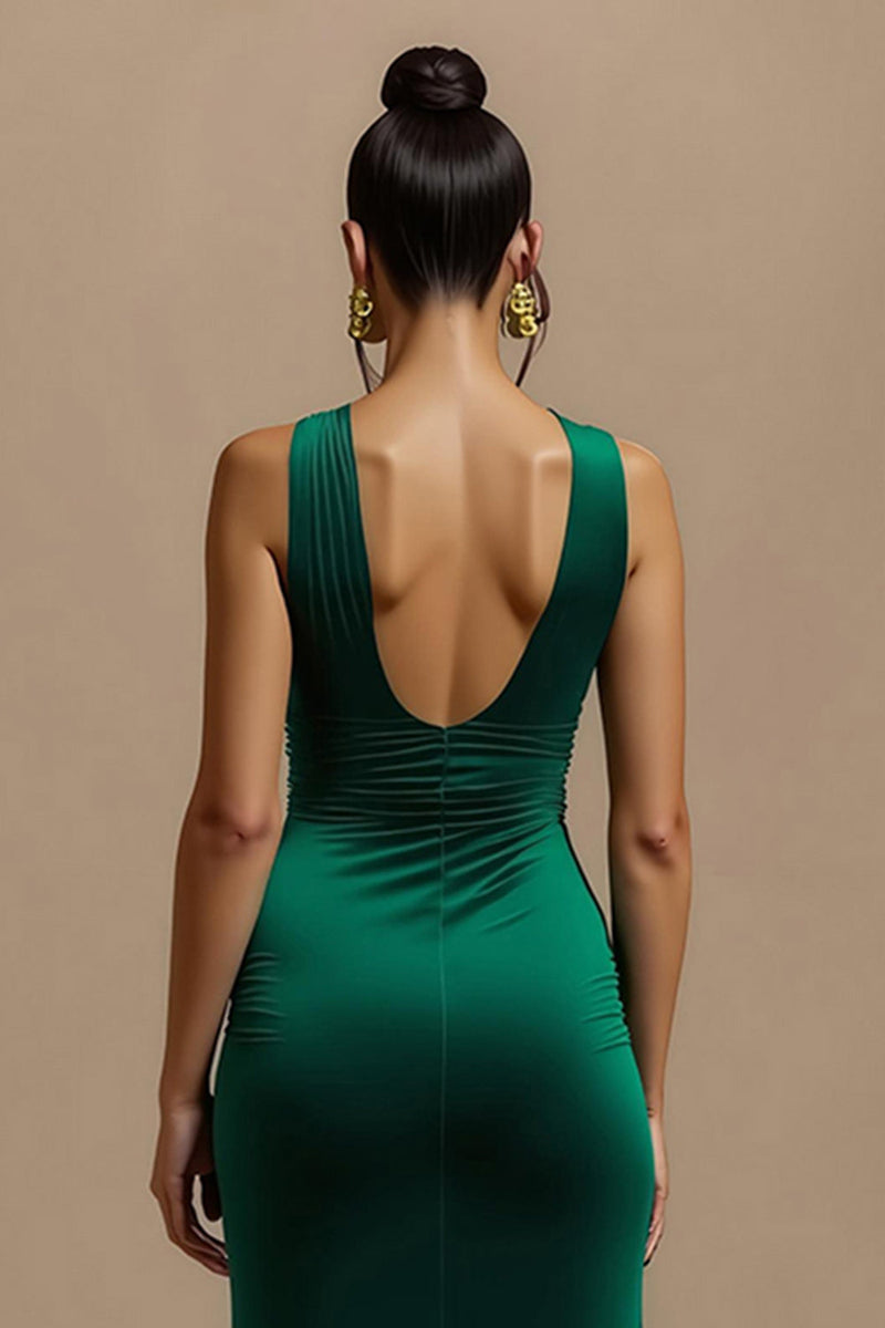 Load image into Gallery viewer, Simple Dark Green Sheath V-Neck Long Holiday Party Dress with Slit