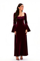 Load image into Gallery viewer, Burgundy Sheath Square Neck Long Holiday Party Dress with Sleeves