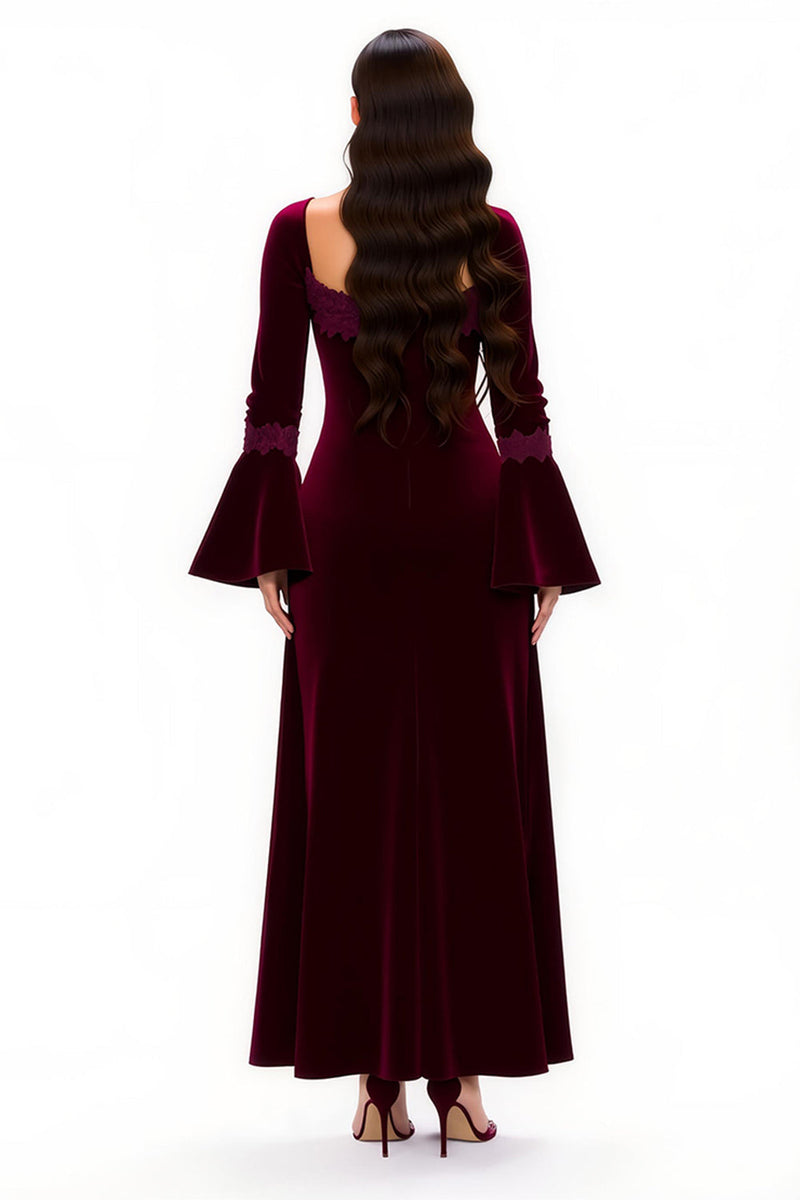 Load image into Gallery viewer, Burgundy Sheath Square Neck Long Holiday Party Dress with Sleeves