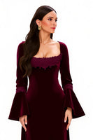 Load image into Gallery viewer, Burgundy Sheath Square Neck Long Holiday Party Dress with Sleeves