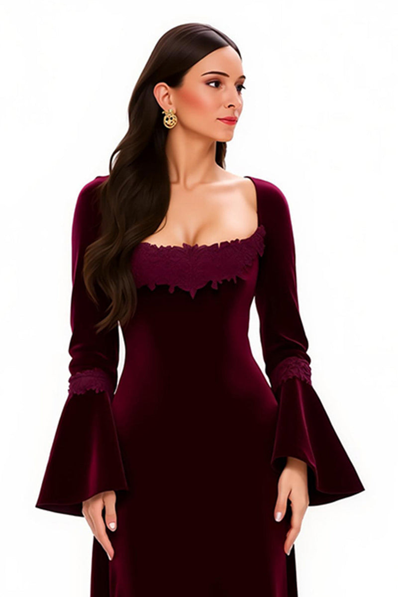 Load image into Gallery viewer, Burgundy Sheath Square Neck Long Holiday Party Dress with Sleeves