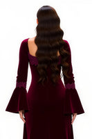 Load image into Gallery viewer, Burgundy Sheath Square Neck Long Holiday Party Dress with Sleeves