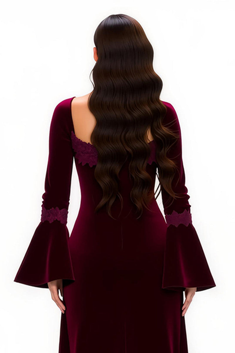 Load image into Gallery viewer, Burgundy Sheath Square Neck Long Holiday Party Dress with Sleeves