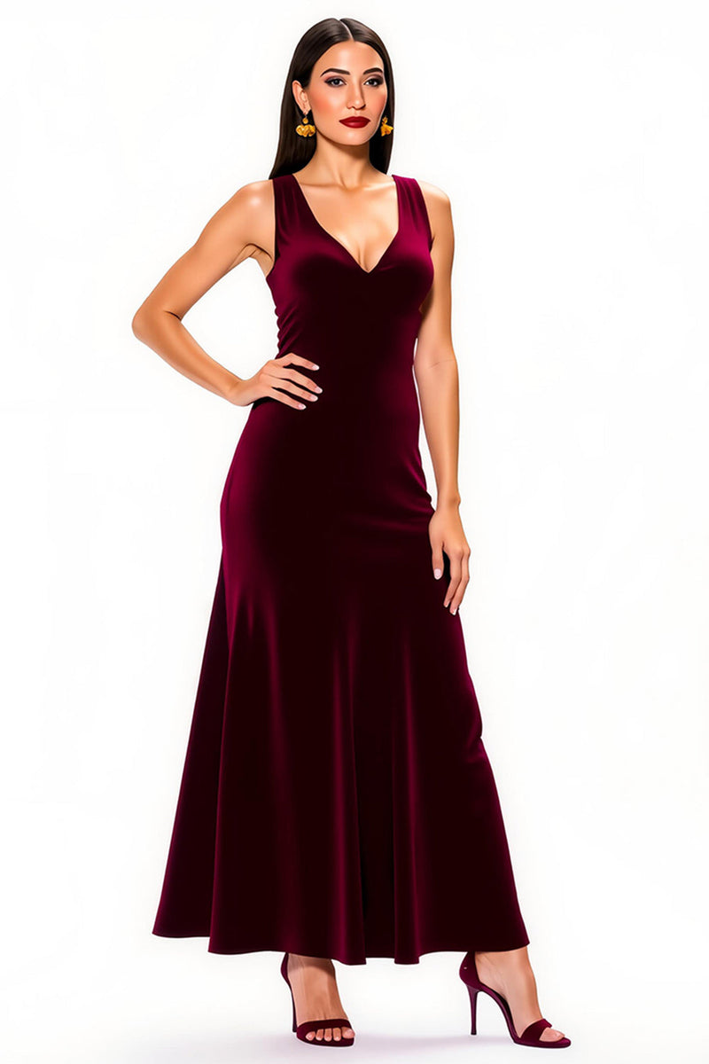 Load image into Gallery viewer, Simple Burgundy V-Neck Backless Long Holiday Party Dress