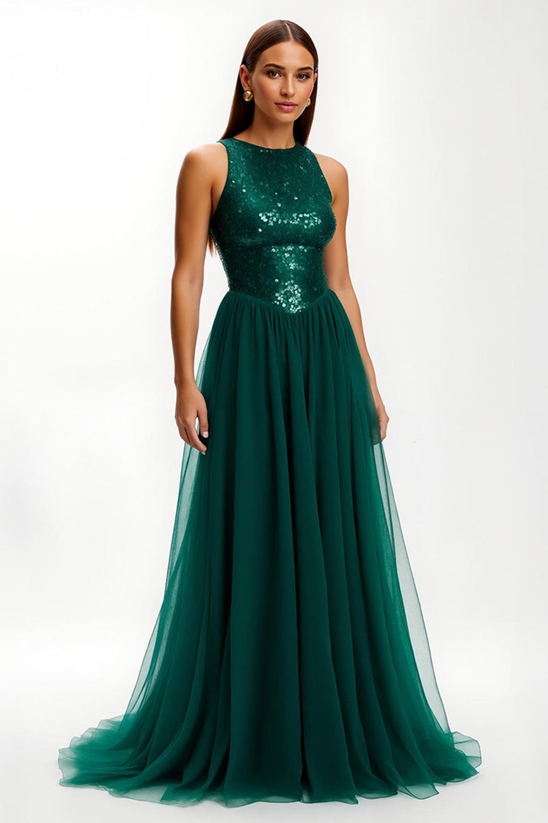 Load image into Gallery viewer, Sparkly Dark Green Sequins Round Neck Long Holiday Party Dress