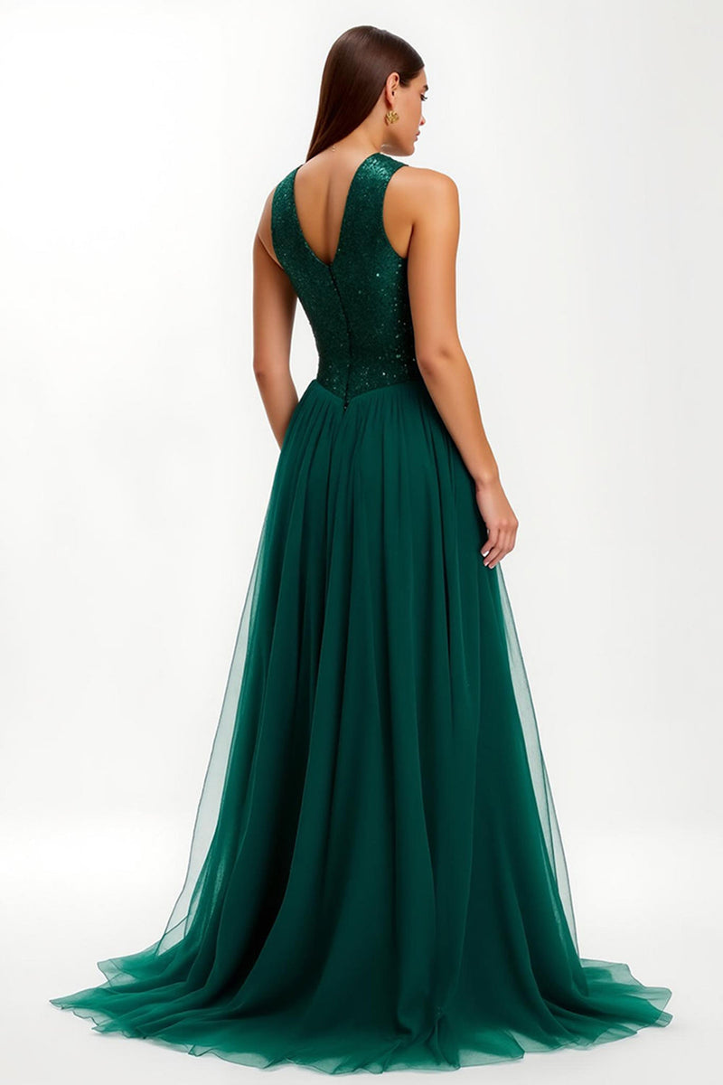 Load image into Gallery viewer, Sparkly Dark Green Sequins Round Neck Long Holiday Party Dress