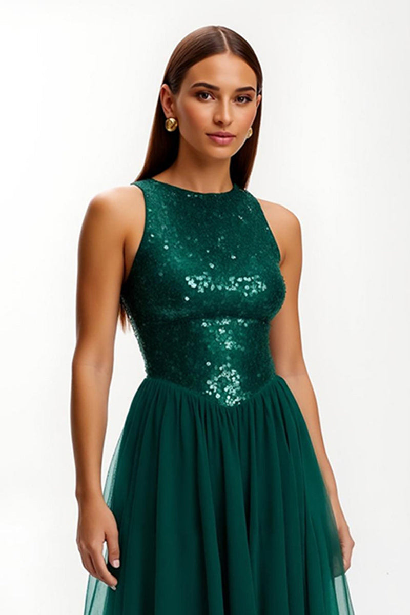 Load image into Gallery viewer, Sparkly Dark Green Sequins Round Neck Long Holiday Party Dress