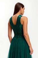 Load image into Gallery viewer, Sparkly Dark Green Sequins Round Neck Long Holiday Party Dress
