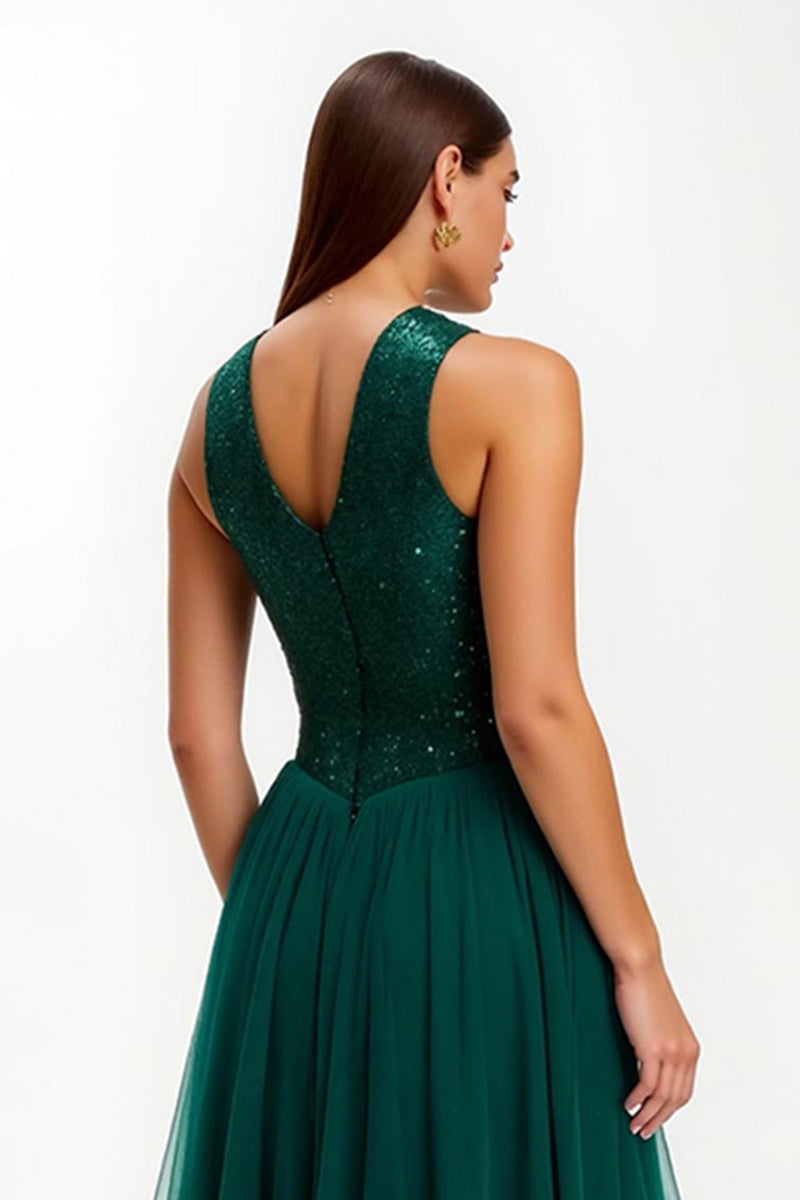 Load image into Gallery viewer, Sparkly Dark Green Sequins Round Neck Long Holiday Party Dress
