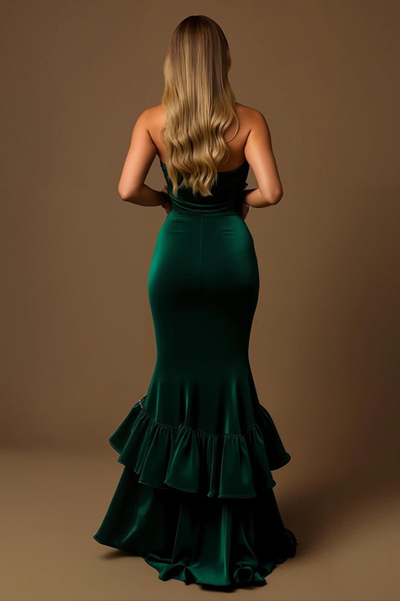 Load image into Gallery viewer, Dark Green Mermaid Tiered Strapless Long Holiday Party Dress