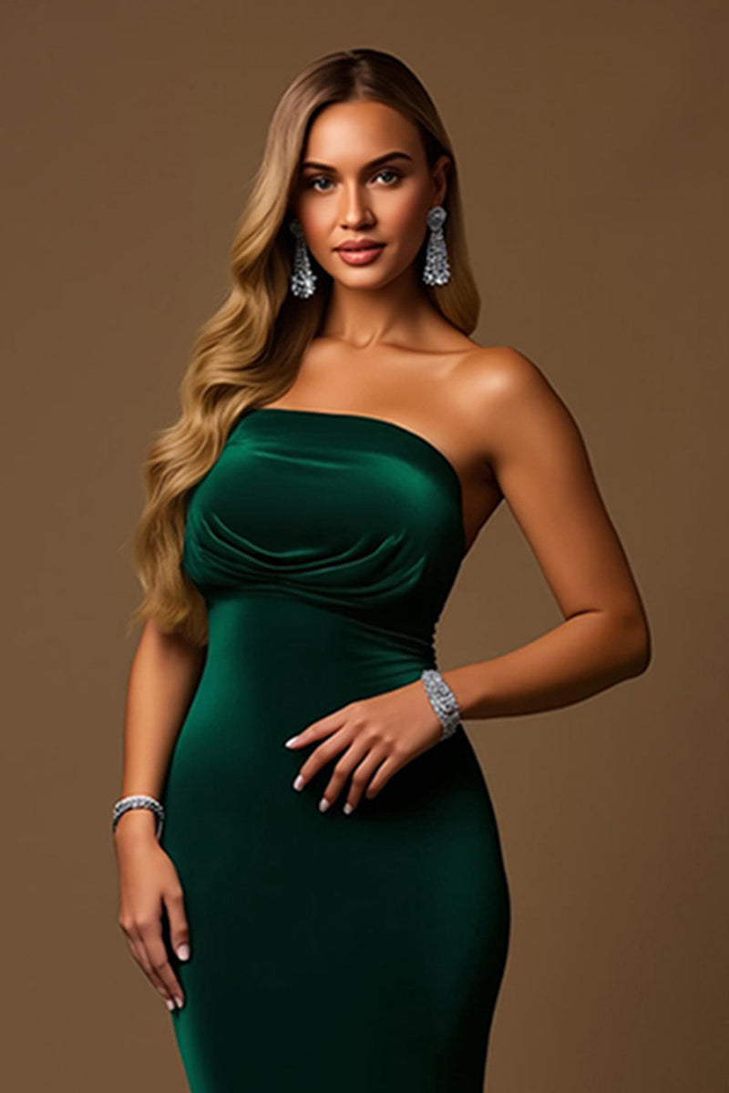 Load image into Gallery viewer, Dark Green Mermaid Tiered Strapless Long Holiday Party Dress