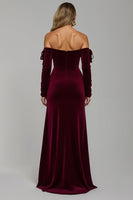 Load image into Gallery viewer, Burgundy Velvet Off the Shoulder Long Holiday Party Dress with Slit