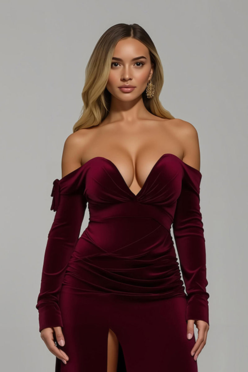 Load image into Gallery viewer, Burgundy Velvet Off the Shoulder Long Holiday Party Dress with Slit