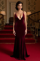 Load image into Gallery viewer, Burgundy Mermaid Velvet Spaghetti Straps Long Holiday Party Dress