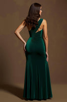 Load image into Gallery viewer, Dark Green Velvet Sheath One Shoulder Long Holiday Party Dress with Slit