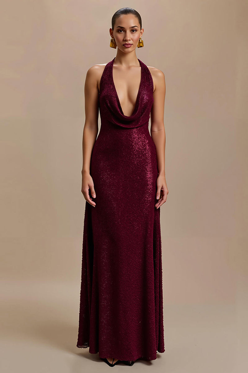 Load image into Gallery viewer, Sparkly Burgundy Sheath Sequins V-Neck Long Holiday Party Dress