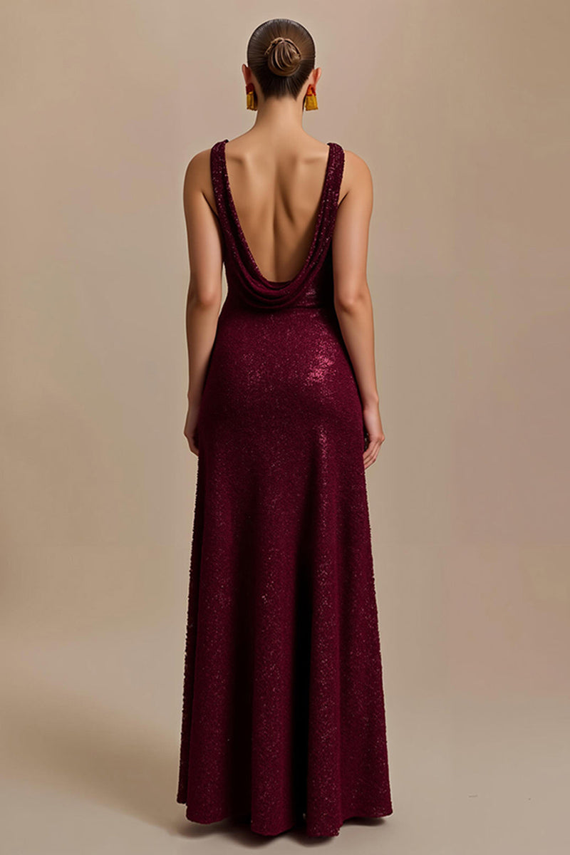 Load image into Gallery viewer, Sparkly Burgundy Sheath Sequins V-Neck Long Holiday Party Dress