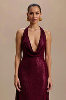 Load image into Gallery viewer, Sparkly Burgundy Sheath Sequins V-Neck Long Holiday Party Dress