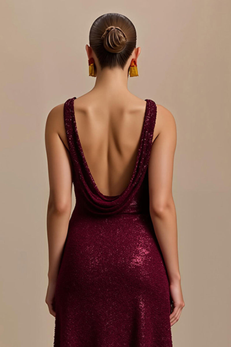 Load image into Gallery viewer, Sparkly Burgundy Sheath Sequins V-Neck Long Holiday Party Dress