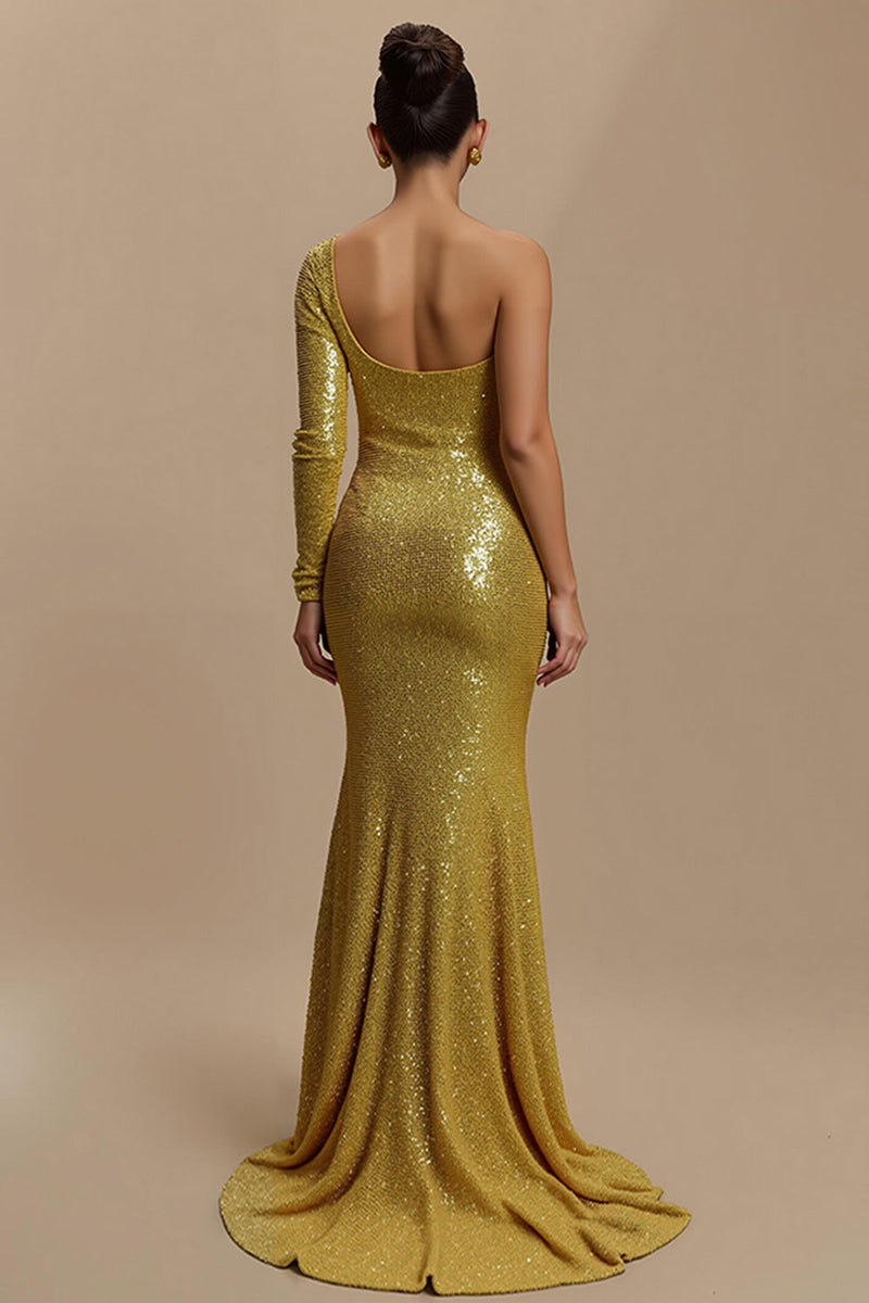 Load image into Gallery viewer, Sparkly Golden Mermaid Sequins Long Holiday Party Dress with Sleeves