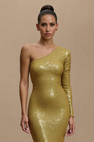 Load image into Gallery viewer, Sparkly Golden Mermaid Sequins Long Holiday Party Dress with Sleeves